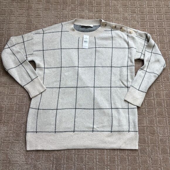 Ann Taylor Loft Windowpane Tunic Sweater Women's M Light Oatmeal Shoulder Button - Picture 1 of 8